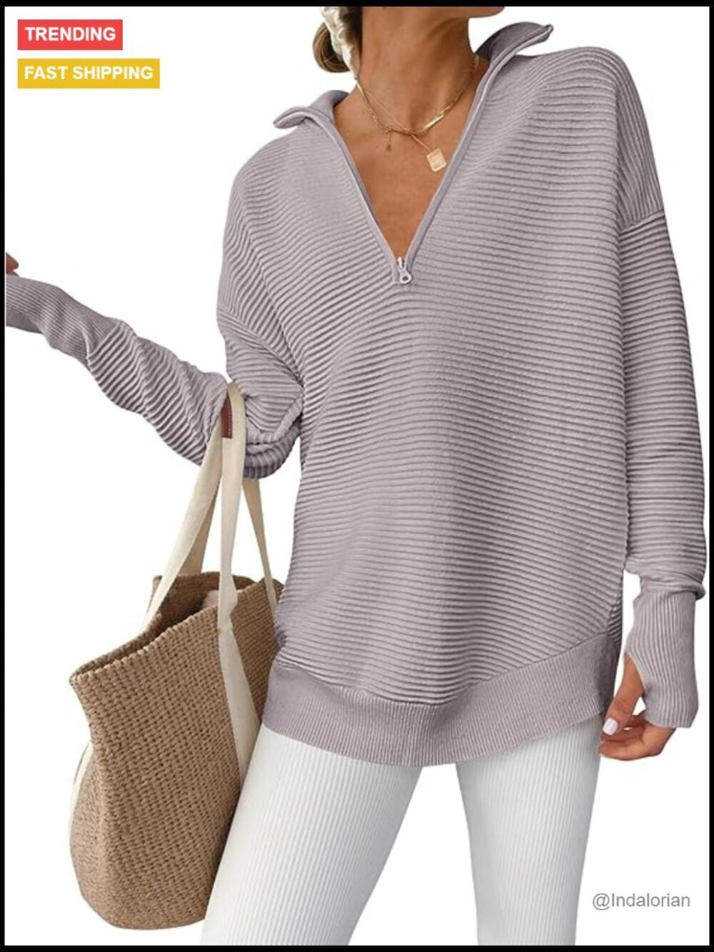Quarter Zip Pullover Sweater Loose Fit V Neck Ribbed Knit Thumb Hole